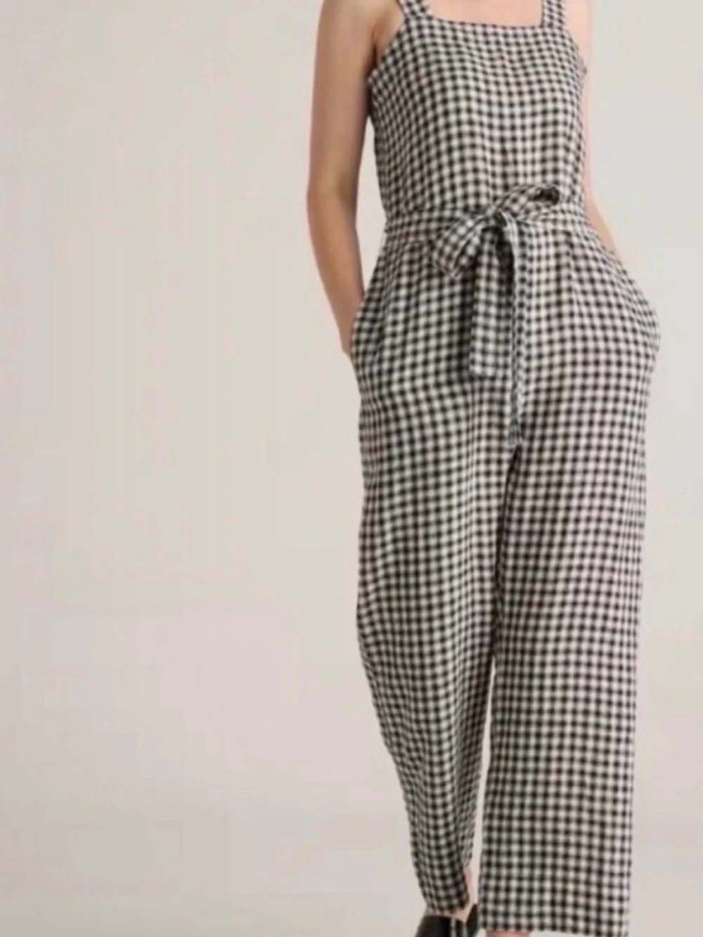Quince Black & White Linen Gingham Tie-Waist Jumpsuit